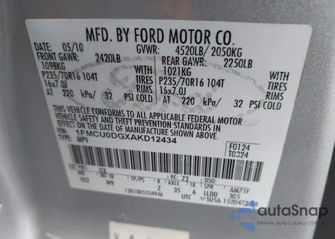 2010 Ford Escape Xlt z USA, uszkodzony, nr VIN 1FMCU0DGXAKD12434